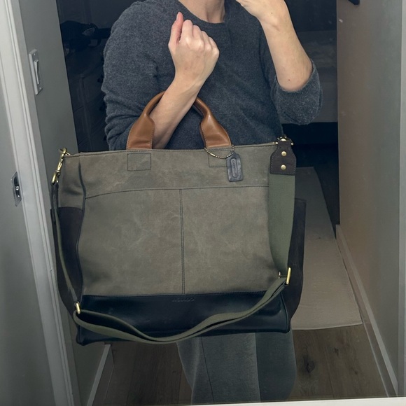 Coach 70945 Bleeker Canvas Utility Tote Olive Canvas Black Leather Brown Suede - Picture 7 of 14